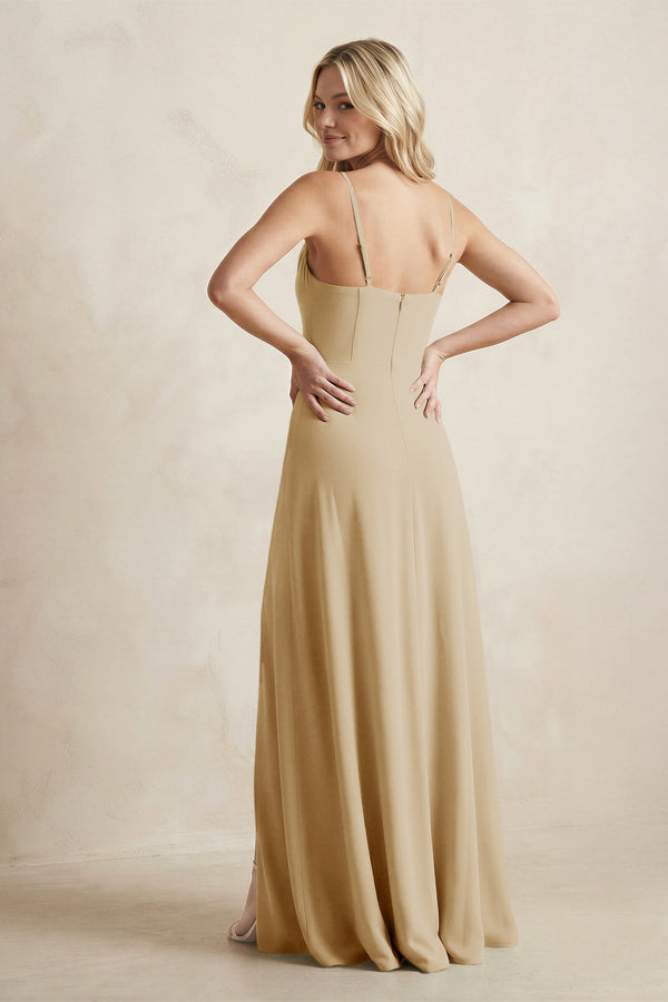 Spaghetti Straps Sheath Satin Bridesmaid Dress With Slit in Champagne - KissProm Bridesmaid Dresses