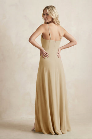 Spaghetti Straps Sheath Satin Bridesmaid Dress With Slit in Champagne - KissProm Bridesmaid Dresses