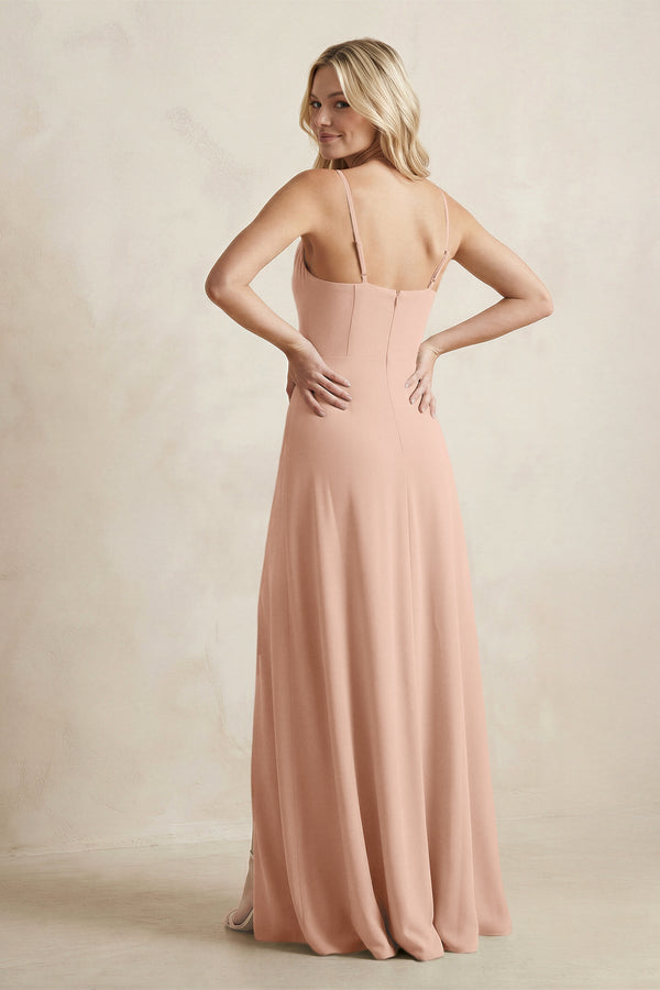 Spaghetti Straps Sheath Satin Bridesmaid Dress With Slit in Champagne Rose - KissProm Bridesmaid Dresses