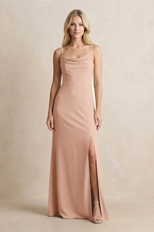 Spaghetti Straps Sheath Satin Bridesmaid Dress With Slit in Champagne Rose - KissProm Bridesmaid Dresses