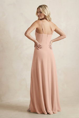Spaghetti Straps Sheath Satin Bridesmaid Dress With Slit in Champagne Rose - KissProm Bridesmaid Dresses