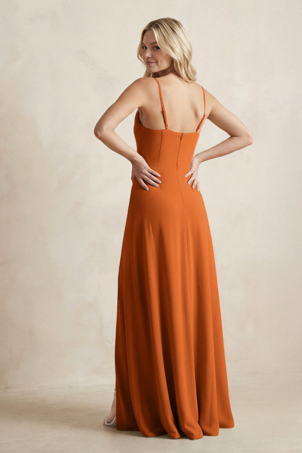 Spaghetti Straps Sheath Satin Bridesmaid Dress With Slit in Cinnamon - KissProm Bridesmaid Dresses