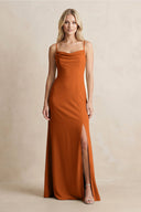 Spaghetti Straps Sheath Satin Bridesmaid Dress With Slit in Cinnamon - KissProm Bridesmaid Dresses