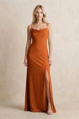 Spaghetti Straps Sheath Satin Bridesmaid Dress With Slit in Cinnamon - KissProm Bridesmaid Dresses