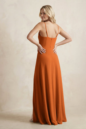 Spaghetti Straps Sheath Satin Bridesmaid Dress With Slit in Cinnamon - KissProm Bridesmaid Dresses