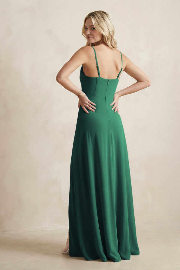 Spaghetti Straps Sheath Satin Bridesmaid Dress With Slit in Dark Green - KissProm Bridesmaid Dresses