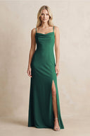 Spaghetti Straps Sheath Satin Bridesmaid Dress With Slit in Dark Green - KissProm Bridesmaid Dresses