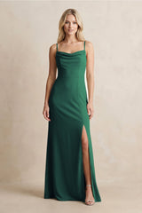 Spaghetti Straps Sheath Satin Bridesmaid Dress With Slit in Dark Green - KissProm Bridesmaid Dresses
