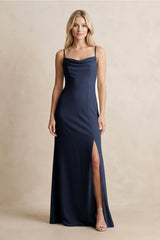 Spaghetti Straps Sheath Satin Bridesmaid Dress With Slit in Dark Navy - KissProm Bridesmaid Dresses
