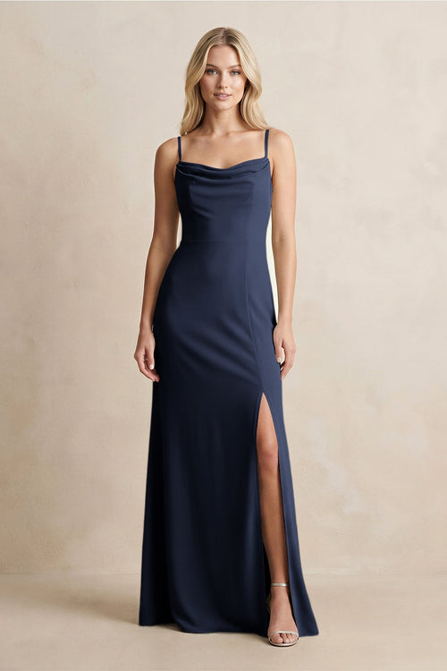 Spaghetti Straps Sheath Satin Bridesmaid Dress With Slit in Dark Navy - KissProm Bridesmaid Dresses