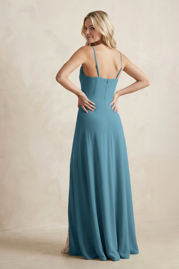Spaghetti Straps Sheath Satin Bridesmaid Dress With Slit in Dark Teal - KissProm Bridesmaid Dresses