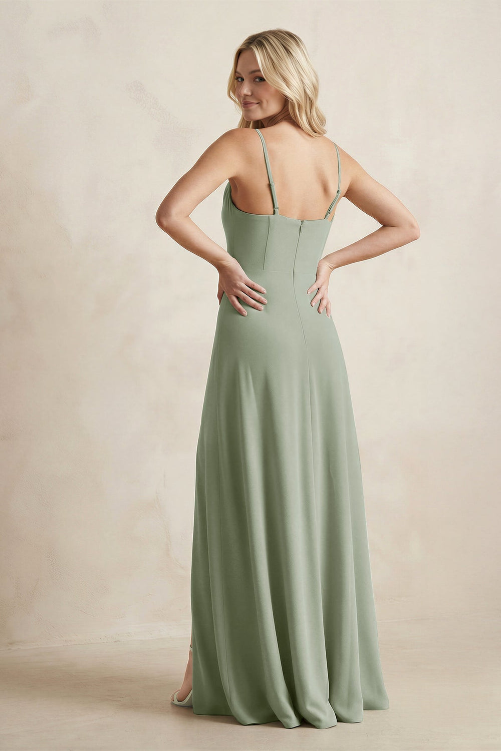 Spaghetti Straps Sheath Satin Bridesmaid Dress With Slit in Dove Gray - KissProm Bridesmaid Dresses