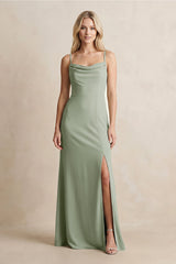 Spaghetti Straps Sheath Satin Bridesmaid Dress With Slit in Dove Gray - KissProm Bridesmaid Dresses