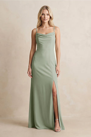 Spaghetti Straps Sheath Satin Bridesmaid Dress With Slit in Dove Gray - KissProm Bridesmaid Dresses