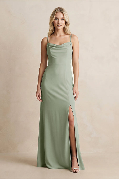 Spaghetti Straps Sheath Satin Bridesmaid Dress With Slit in Dove Gray - KissProm Bridesmaid Dresses