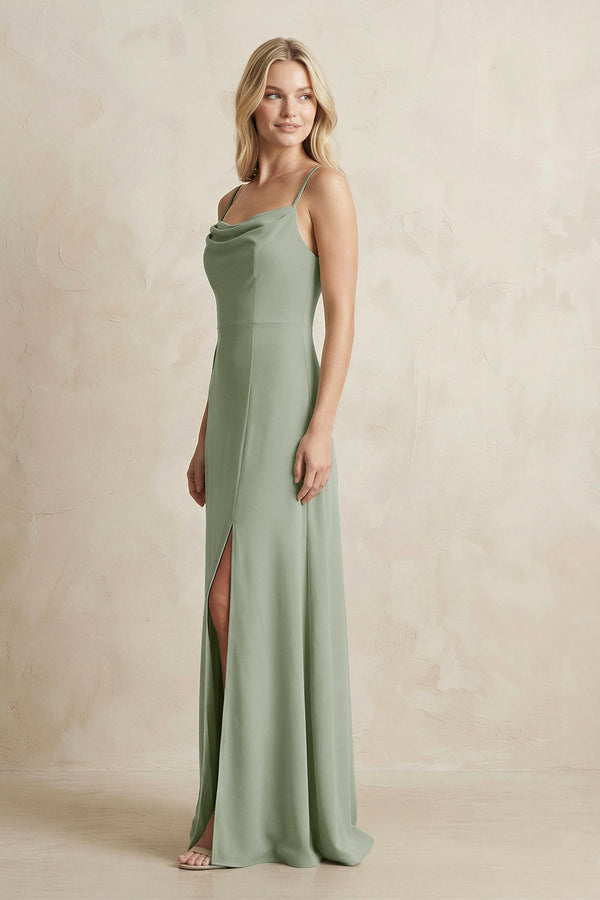 Spaghetti Straps Sheath Satin Bridesmaid Dress With Slit in Dove Gray - KissProm Bridesmaid Dresses