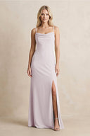 Spaghetti Straps Sheath Satin Bridesmaid Dress With Slit in Dusk - KissProm Bridesmaid Dresses