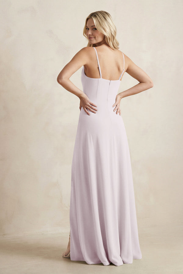 Spaghetti Straps Sheath Satin Bridesmaid Dress With Slit in Dusk - KissProm Bridesmaid Dresses