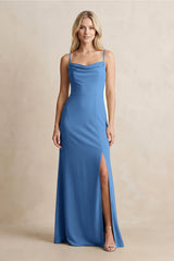 Spaghetti Straps Sheath Satin Bridesmaid Dress With Slit in Dusty Blue - KissProm Bridesmaid Dresses