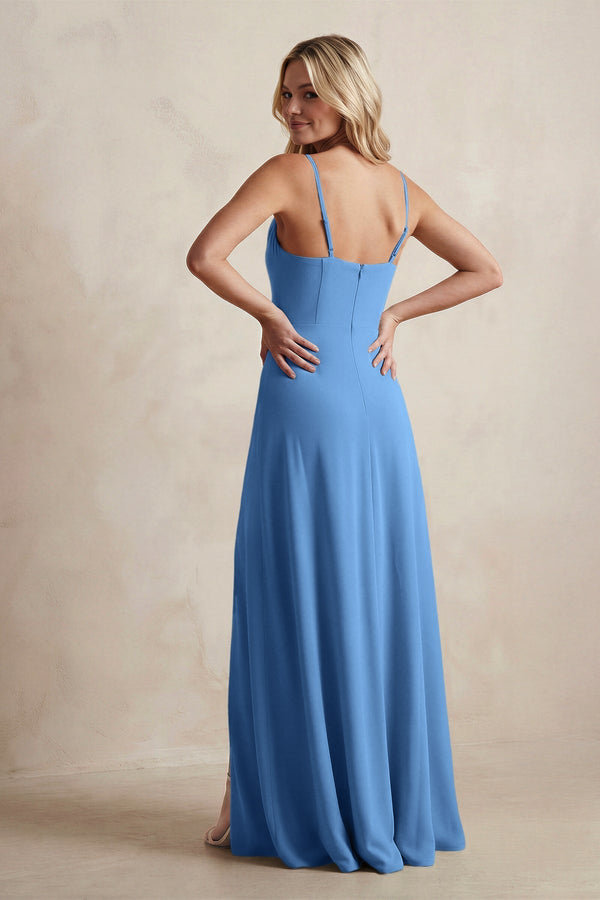 Spaghetti Straps Sheath Satin Bridesmaid Dress With Slit in Dusty Blue - KissProm Bridesmaid Dresses