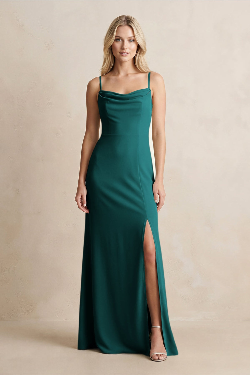Spaghetti Straps Sheath Satin Bridesmaid Dress With Slit in Emerald - KissProm Bridesmaid Dresses