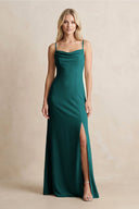 Spaghetti Straps Sheath Satin Bridesmaid Dress With Slit in Emerald - KissProm Bridesmaid Dresses
