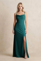 Spaghetti Straps Sheath Satin Bridesmaid Dress With Slit in Emerald - KissProm Bridesmaid Dresses