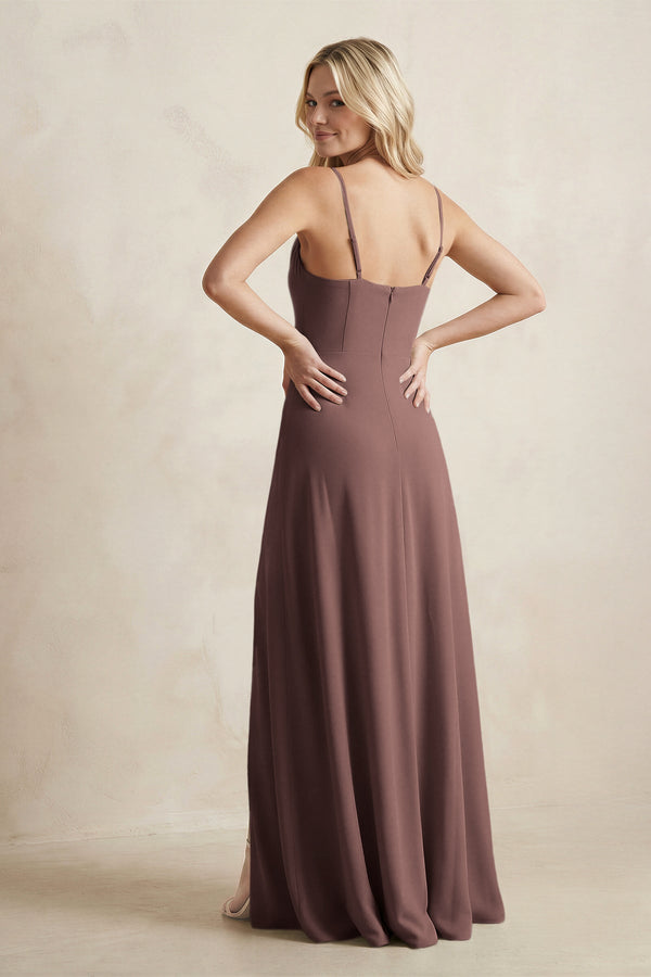 Spaghetti Straps Sheath Satin Bridesmaid Dress With Slit in Espresso - KissProm Bridesmaid Dresses