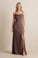 Spaghetti Straps Sheath Satin Bridesmaid Dress With Slit in Espresso - KissProm Bridesmaid Dresses