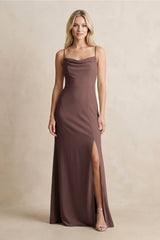 Spaghetti Straps Sheath Satin Bridesmaid Dress With Slit in Espresso - KissProm Bridesmaid Dresses