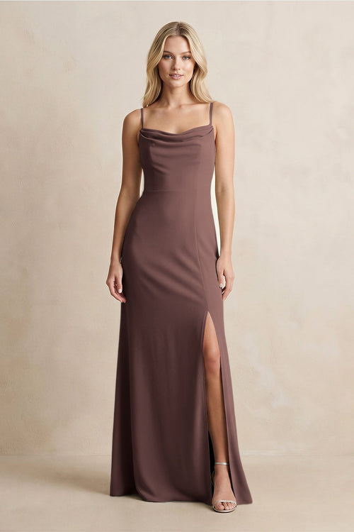 Spaghetti Straps Sheath Satin Bridesmaid Dress With Slit in Espresso - KissProm Bridesmaid Dresses