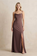 Spaghetti Straps Sheath Satin Bridesmaid Dress With Slit in Espresso - KissProm Bridesmaid Dresses