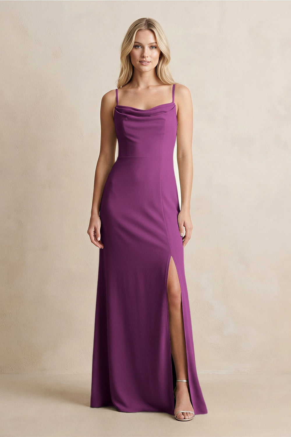 Spaghetti Straps Sheath Satin Bridesmaid Dress With Slit in Fig - KissProm Bridesmaid Dresses