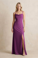 Spaghetti Straps Sheath Satin Bridesmaid Dress With Slit in Fig - KissProm Bridesmaid Dresses