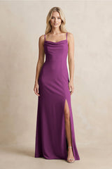 Spaghetti Straps Sheath Satin Bridesmaid Dress With Slit in Fig - KissProm Bridesmaid Dresses