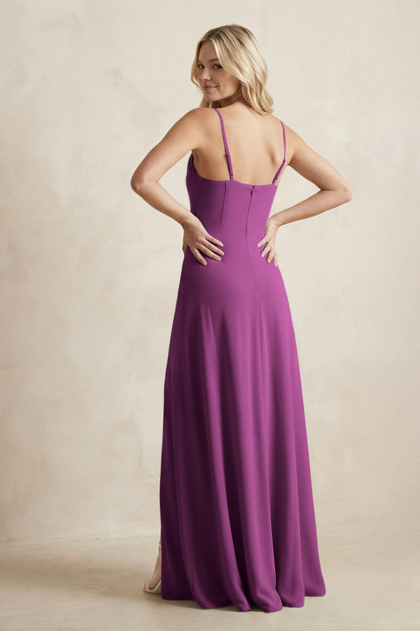 Spaghetti Straps Sheath Satin Bridesmaid Dress With Slit in Fig - KissProm Bridesmaid Dresses