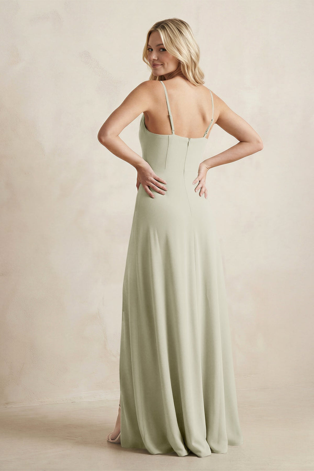 Spaghetti Straps Sheath Satin Bridesmaid Dress With Slit in Frost - KissProm Bridesmaid Dresses