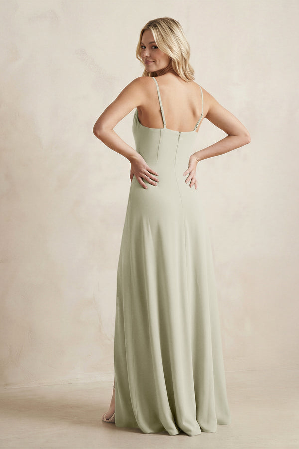 Spaghetti Straps Sheath Satin Bridesmaid Dress With Slit in Frost - KissProm Bridesmaid Dresses
