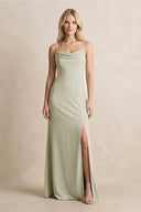 Spaghetti Straps Sheath Satin Bridesmaid Dress With Slit in Frost - KissProm Bridesmaid Dresses
