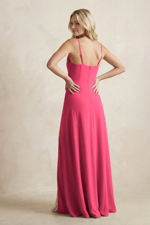Spaghetti Straps Sheath Satin Bridesmaid Dress With Slit in Fuchsia - KissProm Bridesmaid Dresses