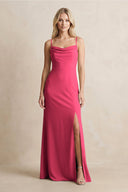 Spaghetti Straps Sheath Satin Bridesmaid Dress With Slit in Fuchsia - KissProm Bridesmaid Dresses