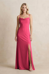Spaghetti Straps Sheath Satin Bridesmaid Dress With Slit in Fuchsia - KissProm Bridesmaid Dresses