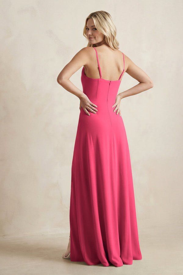 Spaghetti Straps Sheath Satin Bridesmaid Dress With Slit in Fuchsia - KissProm Bridesmaid Dresses