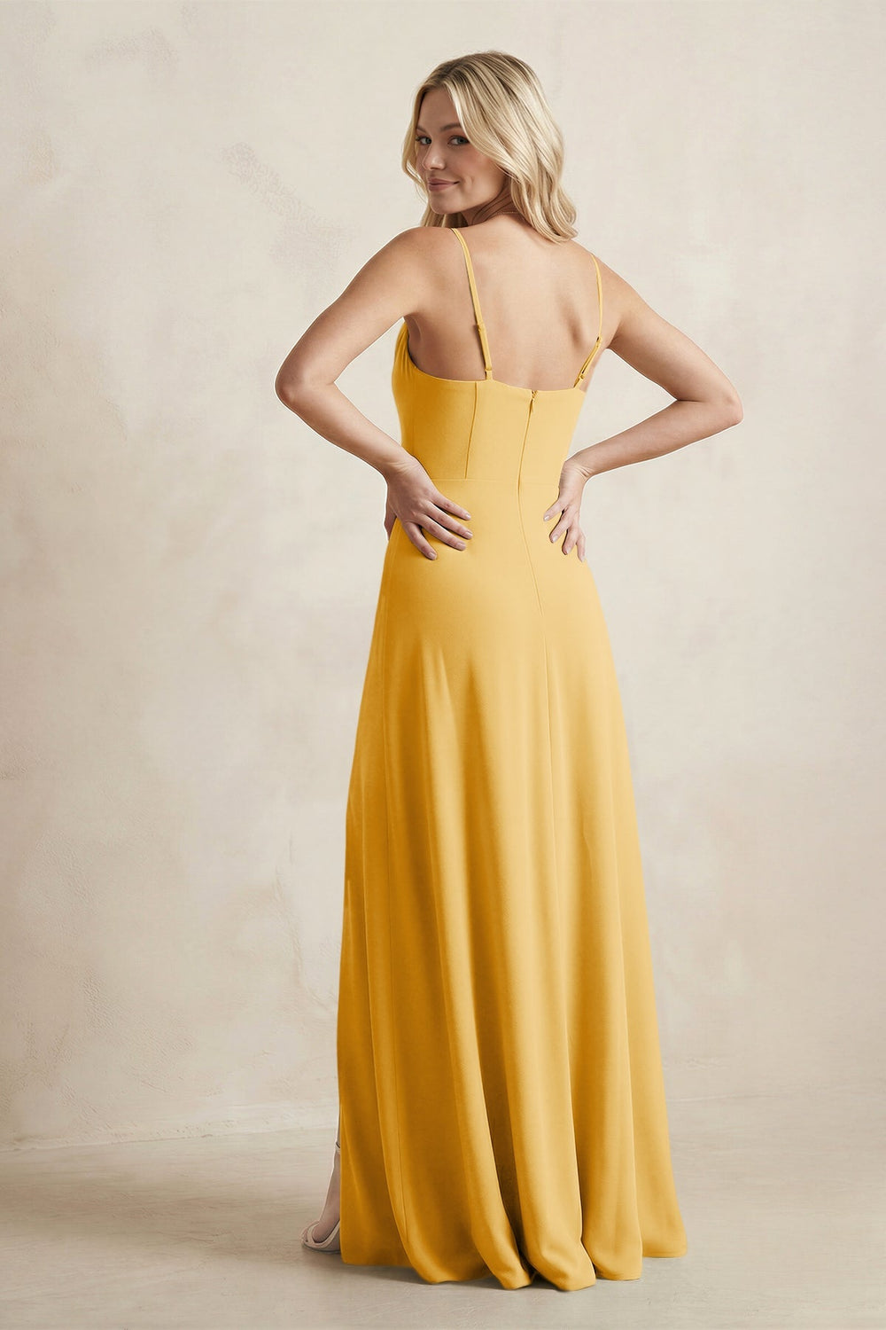 Spaghetti Straps Sheath Satin Bridesmaid Dress With Slit in Gold - KissProm Bridesmaid Dresses