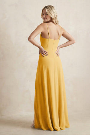Spaghetti Straps Sheath Satin Bridesmaid Dress With Slit in Gold - KissProm Bridesmaid Dresses