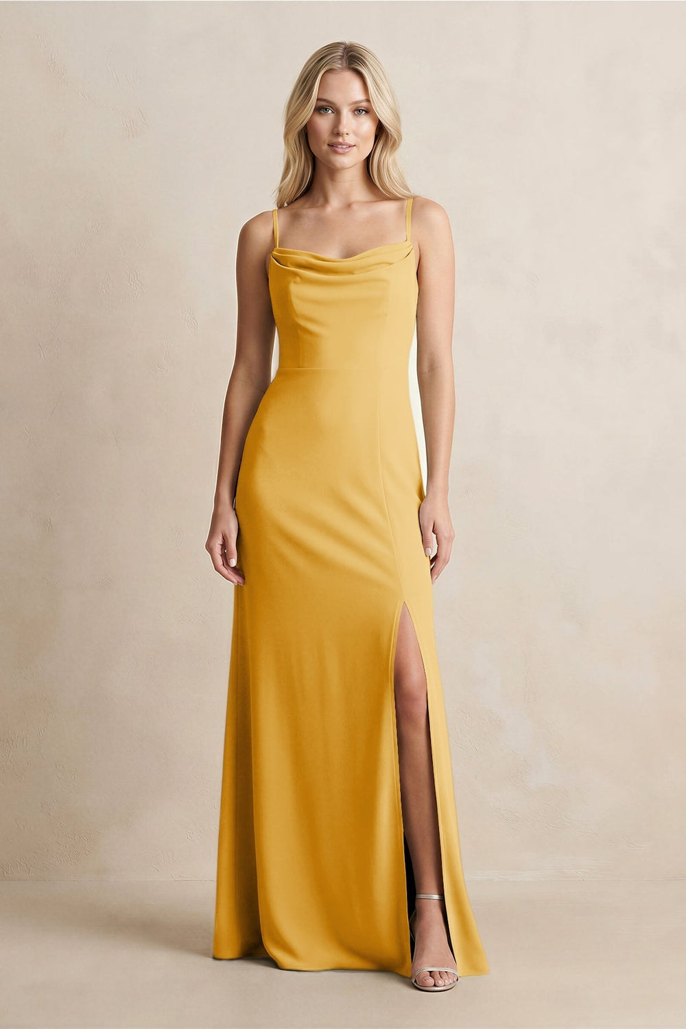 Spaghetti Straps Sheath Satin Bridesmaid Dress With Slit in Gold - KissProm Bridesmaid Dresses