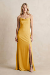 Spaghetti Straps Sheath Satin Bridesmaid Dress With Slit in Gold - KissProm Bridesmaid Dresses