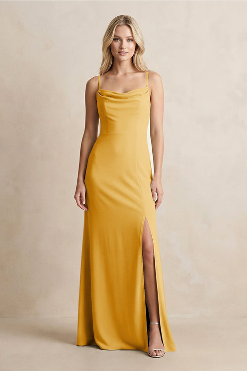 Spaghetti Straps Sheath Satin Bridesmaid Dress With Slit in Gold - KissProm Bridesmaid Dresses