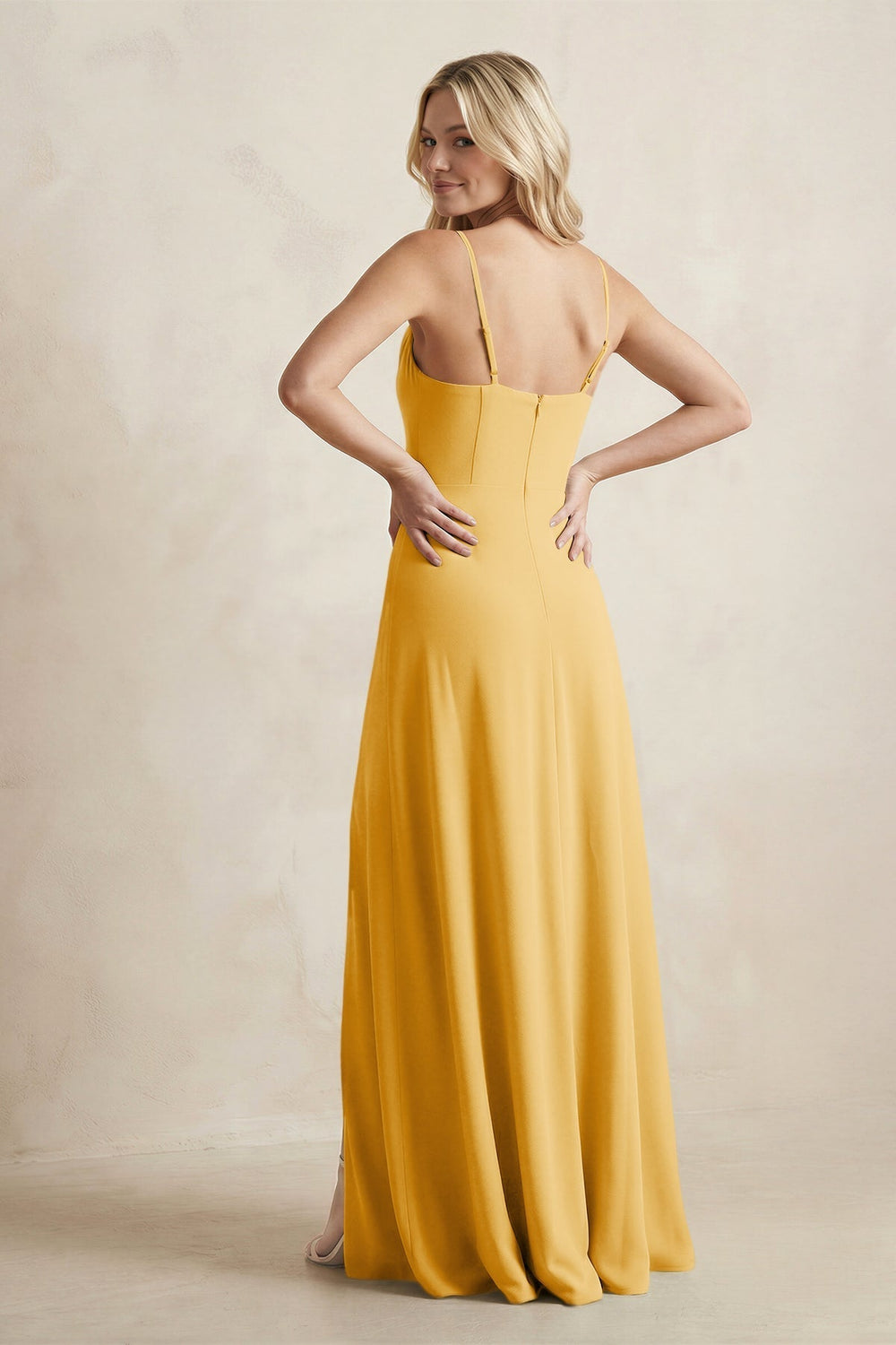 Spaghetti Straps Sheath Satin Bridesmaid Dress With Slit in Gold - KissProm Bridesmaid Dresses