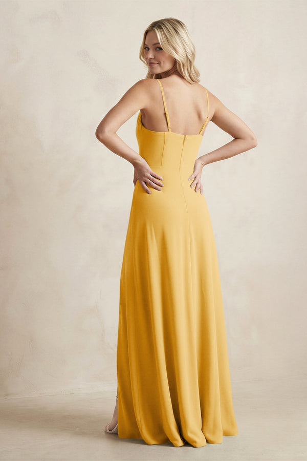 Spaghetti Straps Sheath Satin Bridesmaid Dress With Slit in Gold - KissProm Bridesmaid Dresses
